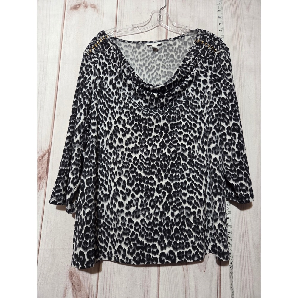 Charter Club Leopard Print Cowl Neck Blouse Gold Chain Shoulder 2X Black White